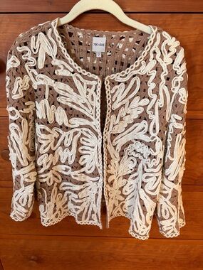 NIC+ZOE Taupe Crochet Openwork Cardigan with Cream Accents